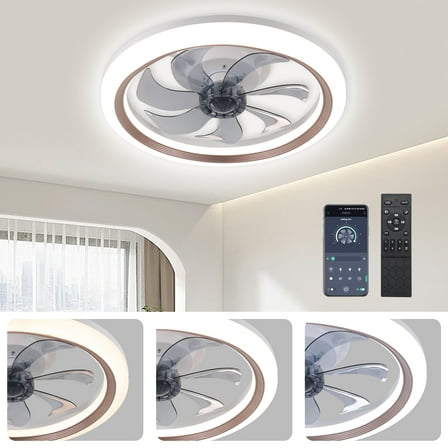 LISUNAR Ceiling Fans with Lights,20" Low Profile Ceiling Fan with Light,Dimmable LED Ceiling Fan,Modern Flush Mount Fan Light,App & Remote Control,Bladeless Ceiling Fans for Bedroom,Living Room-Brown