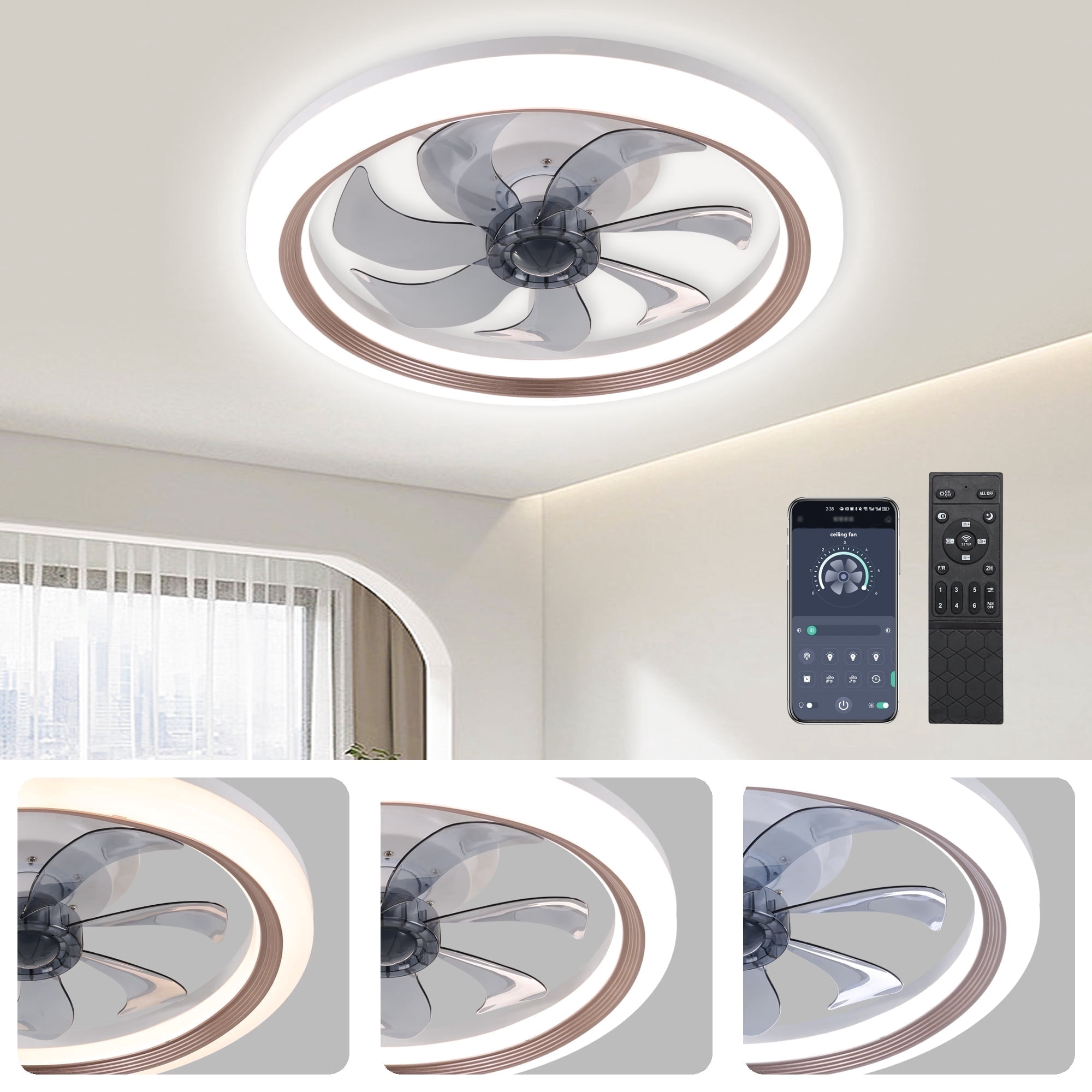 LISUNAR Ceiling Fans with Lights,20" Low Profile Ceiling Fan with Light,Dimmable LED Ceiling Fan,Modern Flush Mount Fan Light,App & Remote Control,Bladeless Ceiling Fans for Bedroom,Living Room-Brown