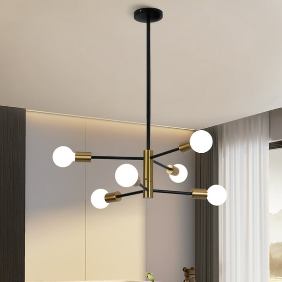 LISUNAR Chandelier,Sputnik Ceiling Light Fixture,6 Light Modern Chandelier,Black and Gold Mid Century Plating,Chandeliers for Dining Room,Height Adjustable for Living Room and Bedroom