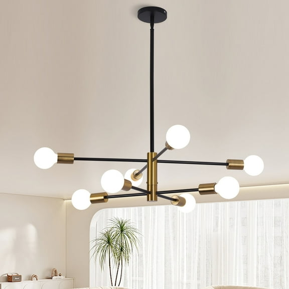 LISUNAR Chandelier,Sputnik ceiling light fixture,8 light modern chandelier,Black and Gold Mid Century Plating,Chandeliers for dining room,Height Adjustable for Living Room and Bedroom