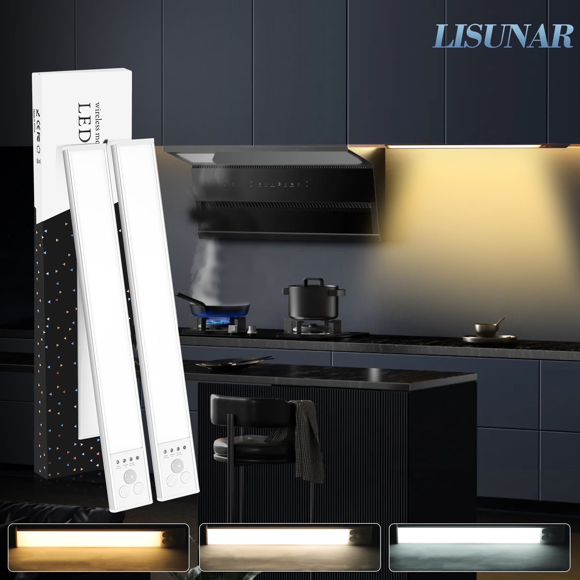 LISUNAR Under Cabinet Lighting,16"Motion Sensor Light Indoor 7000k Dimmable,3 Modes LED Closet Lights,Cabinet Lights Wireless Magnetic USB Rechargeable,Under Counter Lights For Kitchen,Stair(2pack)