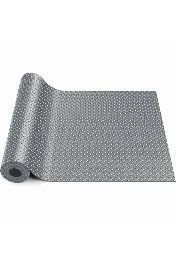 Gray Garage Floor Mat, 2 x 20 ft Diamond-Plate PVC Garage Flooring Rolls for Gym Basement