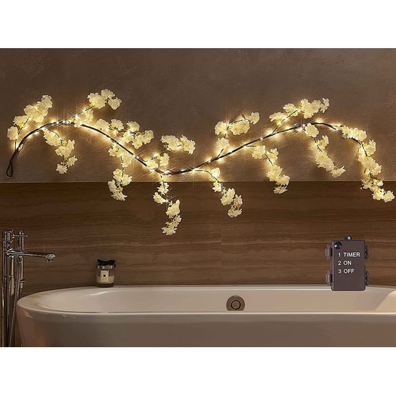 LITBLOOM Cherry Blossom Garland with Lights Battery Operated with Timer 96 Fairy Lights 6FT, Lighted White Flower Garland for Mantle Fireplace Wedding Party Spring Decoration Indoor Outdoor