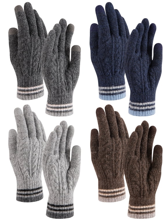 Men's Winter Warm Gloves, 4 Pairs Fleece Lined Elastic Cuff Cold Weather Thermal Gloves Touch Screen Knitted for Men Women