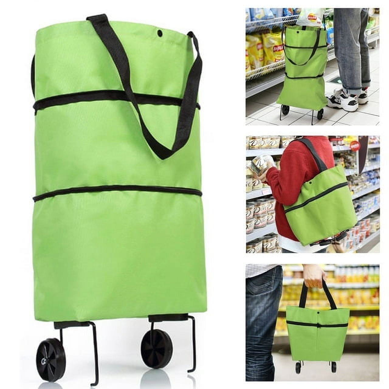 LITEYPP Folding Shopping Cart Trolley Bag with Wheels Folding Shopping Zipper Oxford Cloth Bag for Groceries with Wheels Bracket and Removable Bag Green Walmart