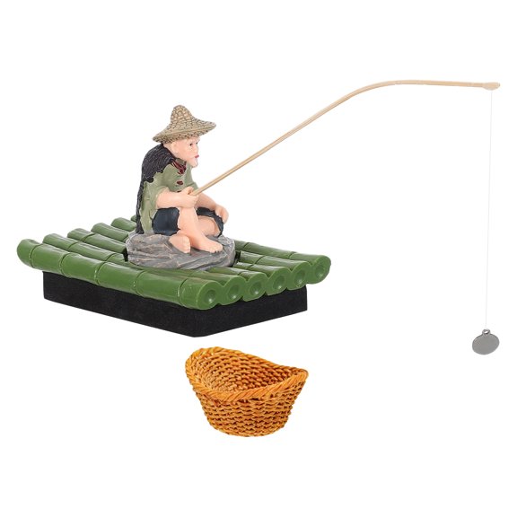 LITINKIMI 1Set Asian Style Floating Fisherman Ornament with Bamboo Raft for Fish Tank Decoration