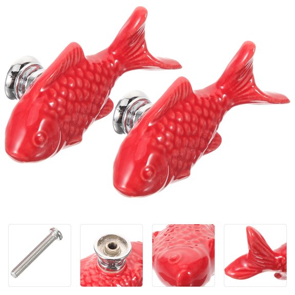 LITINKIMI Red Ceramic Animal Knob Grass Carp Shape for Home Furniture 2Pcs