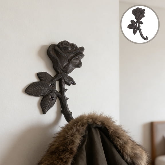 LITINKIMI 2-Pack Cast Iron Wall Hooks with Vintage Rose Design, Heavy Duty Rustic Metal Coat and Bag Hangers for Home