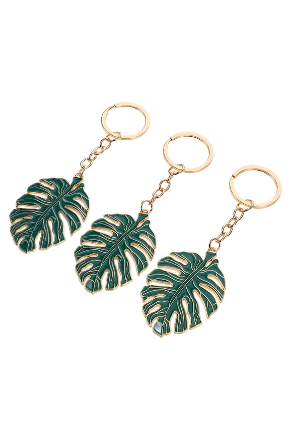 3Pcs Hollow Monstera Leaf Keychain Dark Green Alloy Plant Key Charm for Hanging Decoration