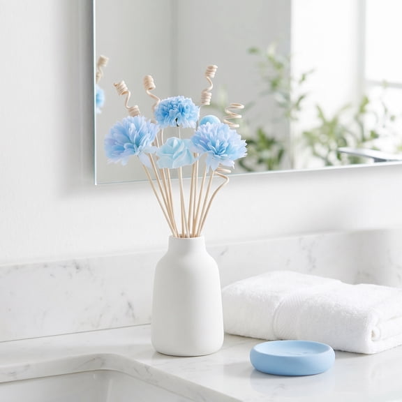 LITINKIMI 8Pcs Blue Faux Flower Reed Diffuser for Home, Decorative Rattan Sticks with Peony Look