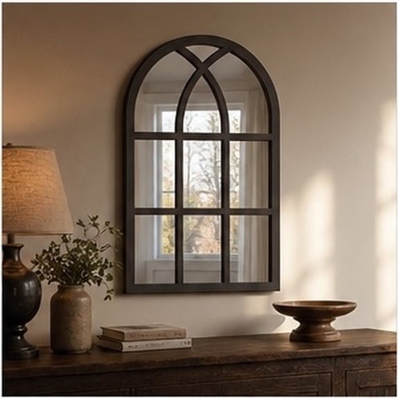 LITINKIMI Black Farmhouse Style Arched Window Mirror with Vintage Cathedral Frame for Wall Hanging