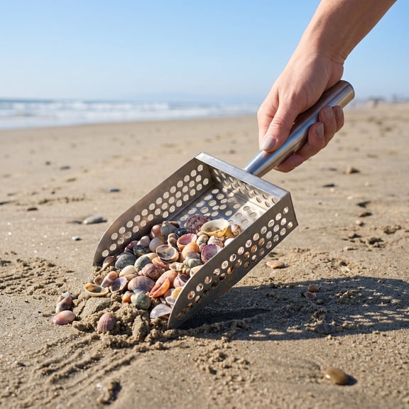 LITINKIMI Stainless Steel Sand Sifter Shovel with Short Handle for Shell Collecting, Beach Digging and Outdoor Use