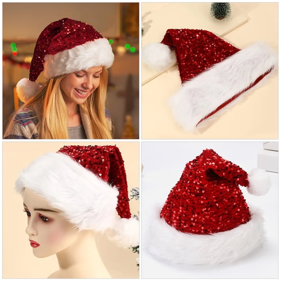 LITINKIMI Red Sequin Santa Hat for Adults, Double Layer Christmas Holiday Headwear, Festive Seasonal Party Hat, 1 Piece