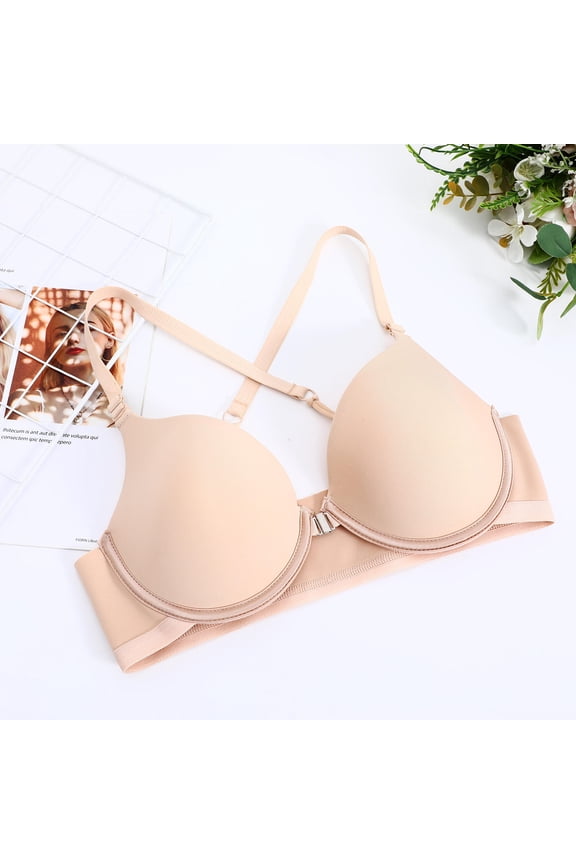 Wire Free Front Snap Push Up Bra Beige with Adjustable Straps Supportive Bras