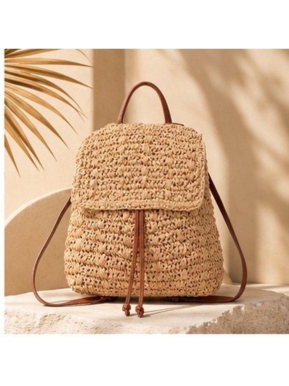 Woven Bucket Bag Straw Material Light Brown Drawstring Closure for Beach Vacation and Travel