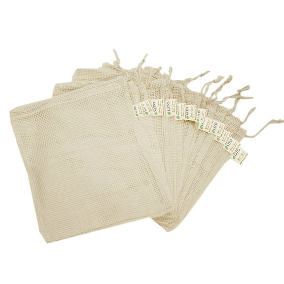 LITO Linen And Towel Reusable Cotton Mesh Produce Bags with Drawstrings| Washable With Tare Weight Bags For Grocery Shopping|Eco Friendly Bulk Food Storage Bags 9"x12" Pack of 6
