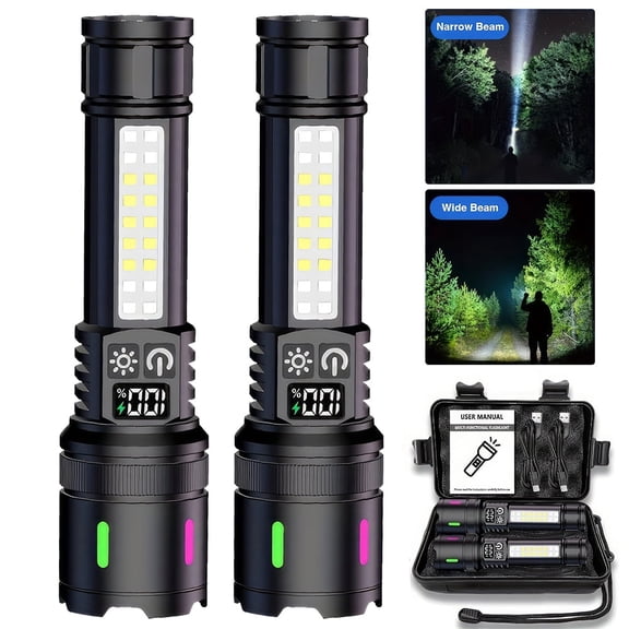LITOM 2-Pack LED Flashlight with COB Sidelight - 2000lm 30W, 3280ft Range, 7 Modes, 2000mAh 15H Runtime, IPX5 Waterproof, Type-C Rechargeable for Camping/Emergencies/Christmas Gift