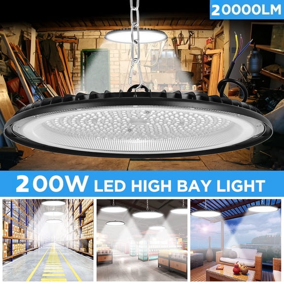 LITOM 200W UFO LED High Bay Light - 7000K Cool White, 20000LM, SMD 2835 LED, IP65 Waterproof, 120 Beam Angle, Aluminum Heat Dissipation, for Warehouse/Garage/Workshop/Industrial Use