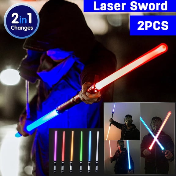 LITOM 2Pcs 2-In-1 7-Color Lightsaber Toy - Flexible Shrinkable, Safe Arc Design Anti-Slip Grip, Light Up Laser Sword for Kids 3+ Cosplay Birthday Gift