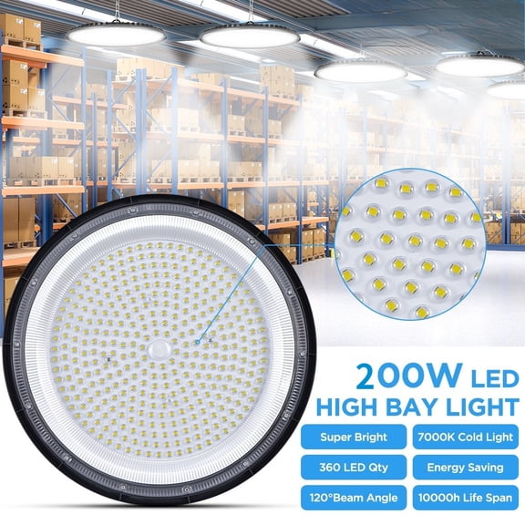LITOM 7000K 200W UFO LED High Bay Light - 20000LM Brightness, SMD 2835 LED, IP65 Waterproof, 10000H Lifespan, Easy Install for Garage/Warehouse/Workshop/Factory