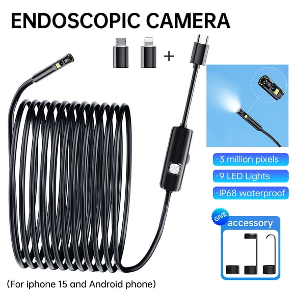 LITOM 9 Lamp Beads Ip68 Waterproof Industrial Grade Endoscope, 3-in-1 8MM Dual Lens Endoscope, Snake Inspection Camera Borescope Camera for Android, IOS