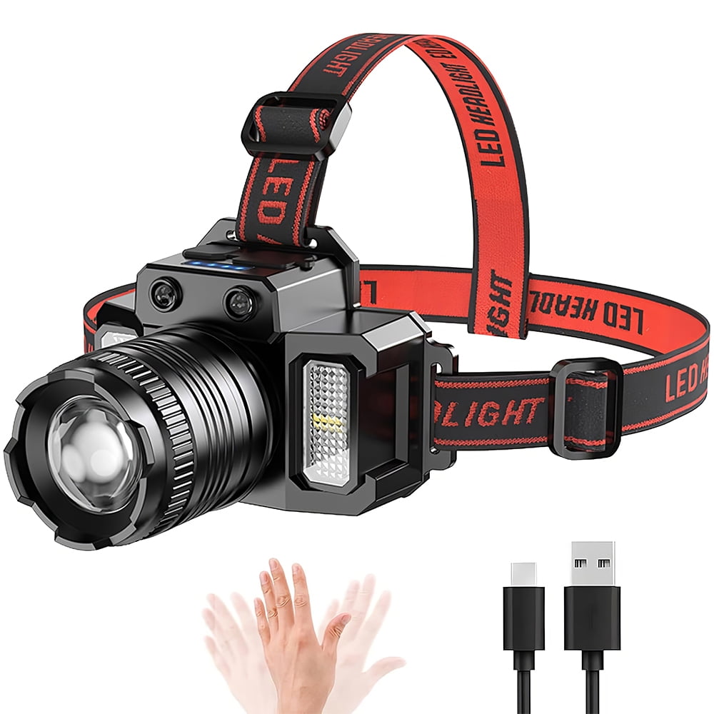 LITOM Motion Sensor Rechargeable LED Headlamp, IPX4 Waterproof, Red/White/Blue Lights, 5 Modes, 360° Adjustable Zoom, Power Bank Function, for Camping/Running/Hiking/Fishing
