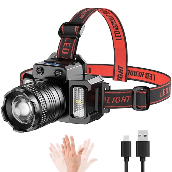 LITOM Motion Sensor Rechargeable LED Headlamp, IPX4 Waterproof, Red/White/Blue Lights, 5 Modes, 360 Adjustable Zoom, Power Bank Function, for Camping/Running/Hiking/Fishing