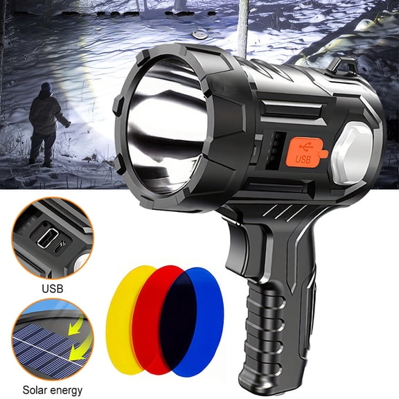 LITOM Portable LED Searchlight Flashlight - Solar/USB Rechargeable Handheld Spotlight, 3-Color Filters (Red/Blue/Yellow), IPX4 Waterproof ABS+PC for Outdoor & Emergency Use