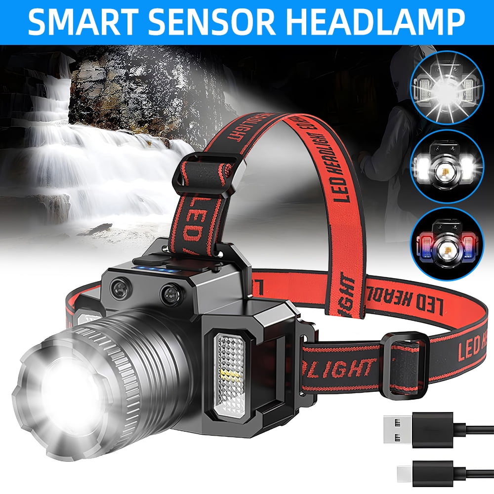 LITOM Rechargeable LED Headlamp, Ultra-Bright Motion Sensor Headlamp with Red/White/Blue Lights, Waterproof Adult Forehead Flashlight, Suitable for Camping, Running, Hiking, Fishing