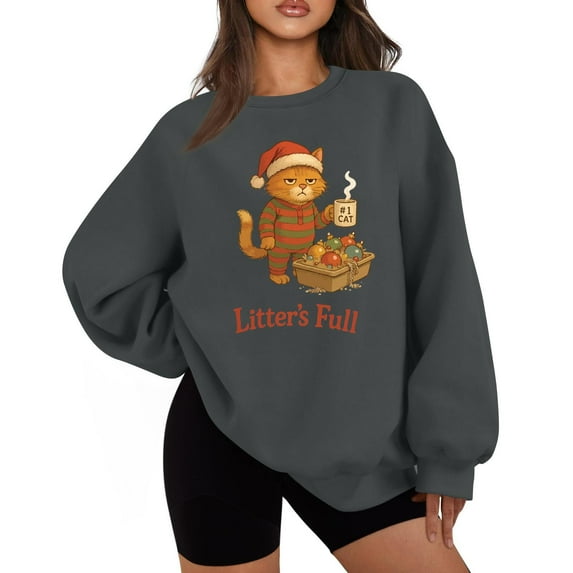 LITTER'S FULL Women's Casual Fashion Solid Color Round Neck Raglan Long Sleeve Sweatshirt Top with Fun Print for Daily Use,Gray,S