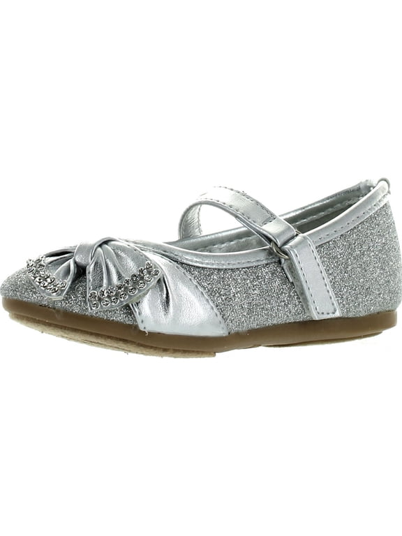 Girls TESHI-729D Toddler Girl's Glittering Middle Strap Studded Dress Flats, Silver, 4