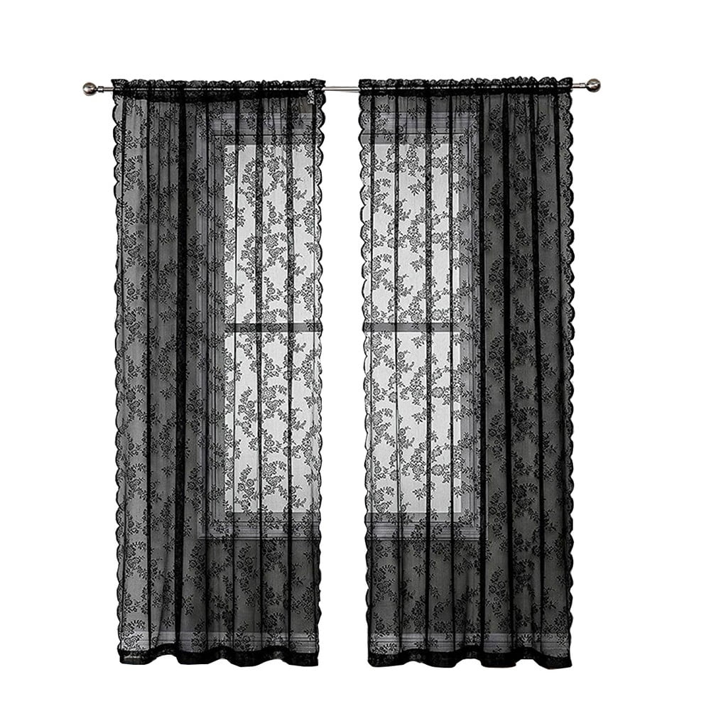 LITTLE HOME Black Lace Curtain Panel for Living Room Bedroom Window Decoration, Elegant Semi-Sheer Privacy Drapes with Rod Pocket, Easy Care Polyester Fabric, 55 x 33 Inches (100 x 140 cm)