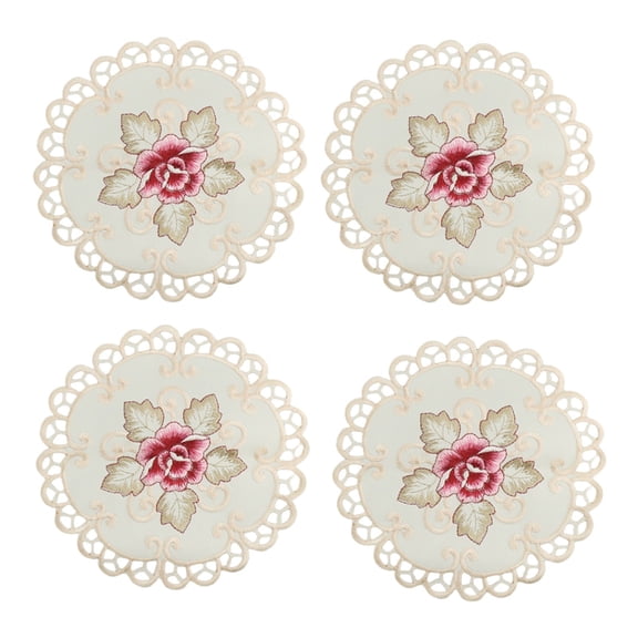 LITTLE HOME Bridal Beige Round Placemats for Dining Table Set of 4 Satin Fabric Embroidered Flower Place Mats for Dinner Table Decor Holiday Wedding Accent Centerpiece