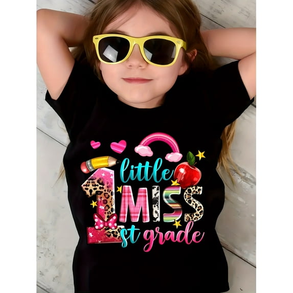 LITTLE MISS 1ST GRADE Print Short Sleeve T-shirt, Comfy Casual Crew Neck Tops for Girls Summer