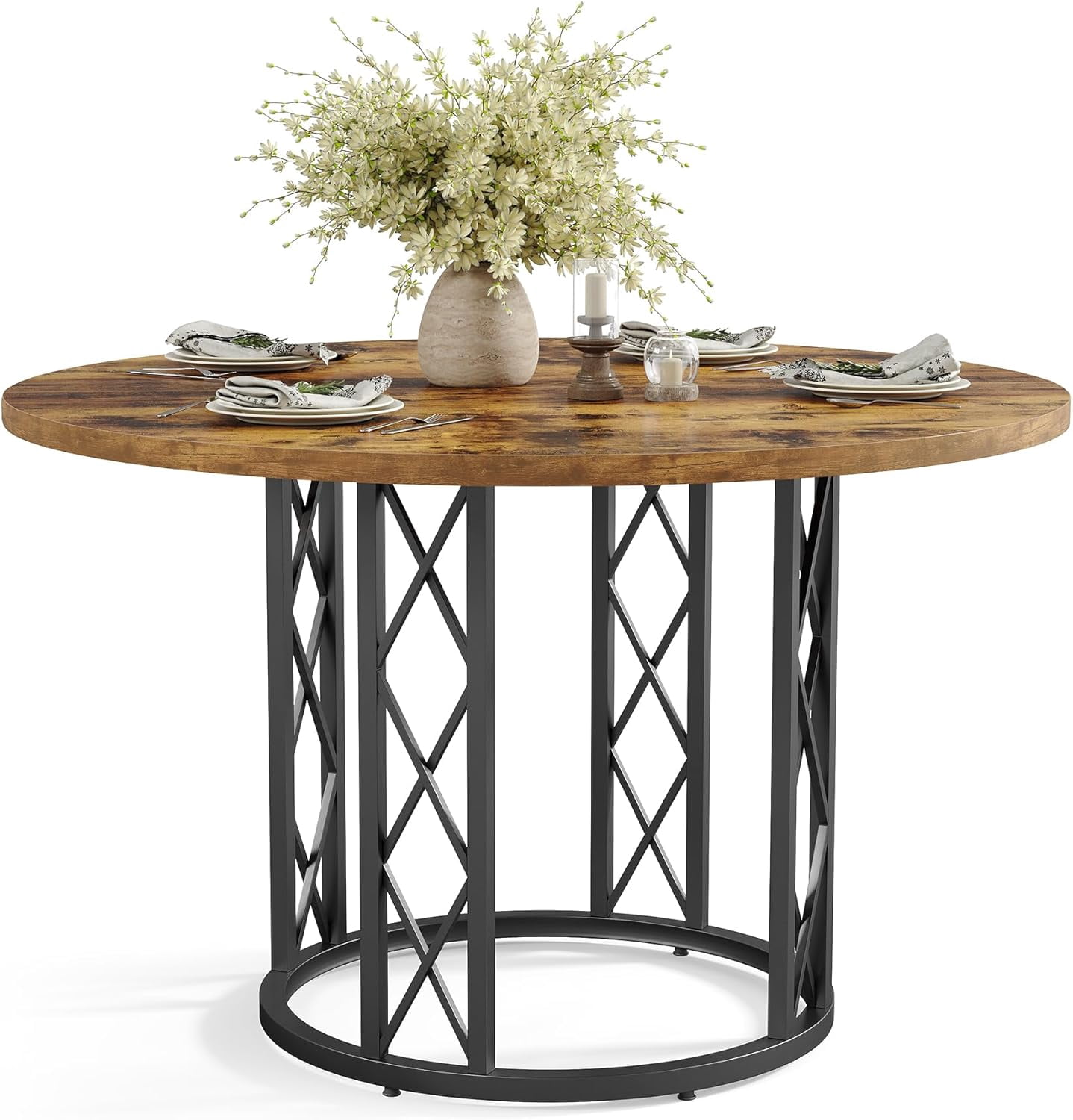 LITTLE TREE 47-inch Rustic Round Dining Table, Farmhouse Kitchen Table ...