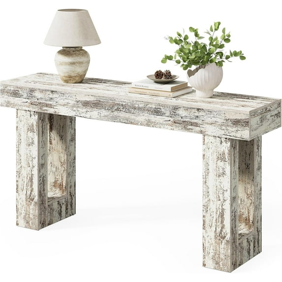 LITTLE TREE 63-Inch Long Console Tables for Entryway, Large Sofa Table Behind Couch, Wooden Entry Foyer Hallway Table, Industrial Console Sofa Tables for Living Room, Distressed White