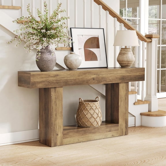 LITTLE TREE 63 Inches Long Console Table, 2-Tier Farmhouse Sofa Table Behind Couch, Large Narrow Entryway Table for Living Room, Wooden Hallway Foyer Table with Heavy Duty Base, Rustic Brown