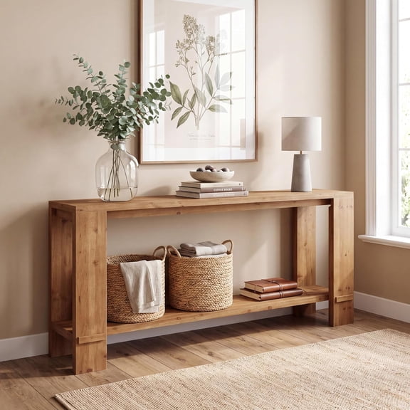 LITTLE TREE 71" Solid Wood Extra Long Console Table with Storage (Brown) | Farmhouse Sofa Table behind , 2-Tier Wooden Entryway Table for Living Room, Hallway