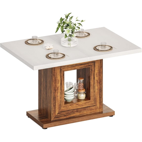 LITTLE TREE Dining Table for 4, 47" Rectangle Farmhouse Kitchen Dinner Table with Rustic Wood Storage for Small Spaces, Dining Room, White & Brown