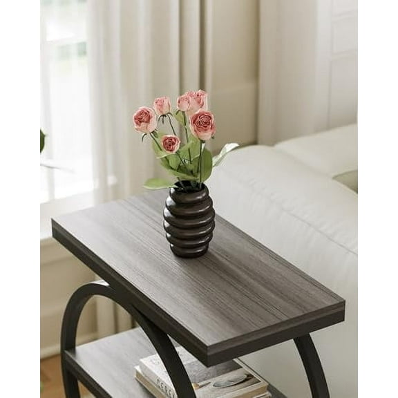 LITTLE TREE End Table, 3-Tier Side Table, Slim Sofa Side Table for Living Room, Tall Bedside Table Nightstand for Bedroom, Grey and Black