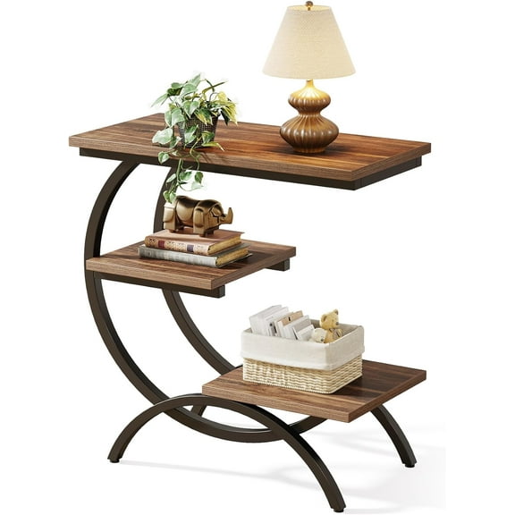 LITTLE TREE End Table, Narrow End Table with 3 Storage Shelves,  C-Shaped Small Sofa Side Table for Living Room, Wood Slim Snack Table with Black Metal Frame, Rustic Brown