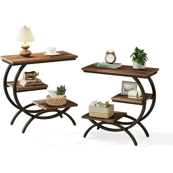 LITTLE TREE End Table Set 2, Narrow End Table with 3 Storage Shelves, Industrial C-Shaped Small Sofa Side Table for Living Room, Wood Slim Snack Table with Black Metal Frame, Rustic Brown