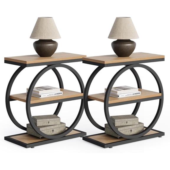 LITTLE TREE End Table Set 2, Side Table with 3-Tier Storage Shelves, Small Sofa Side Table for Living Room, Wooden Side End Table with Double Round Metal Legs, Slim Nightstand and Bedside Table, Oak