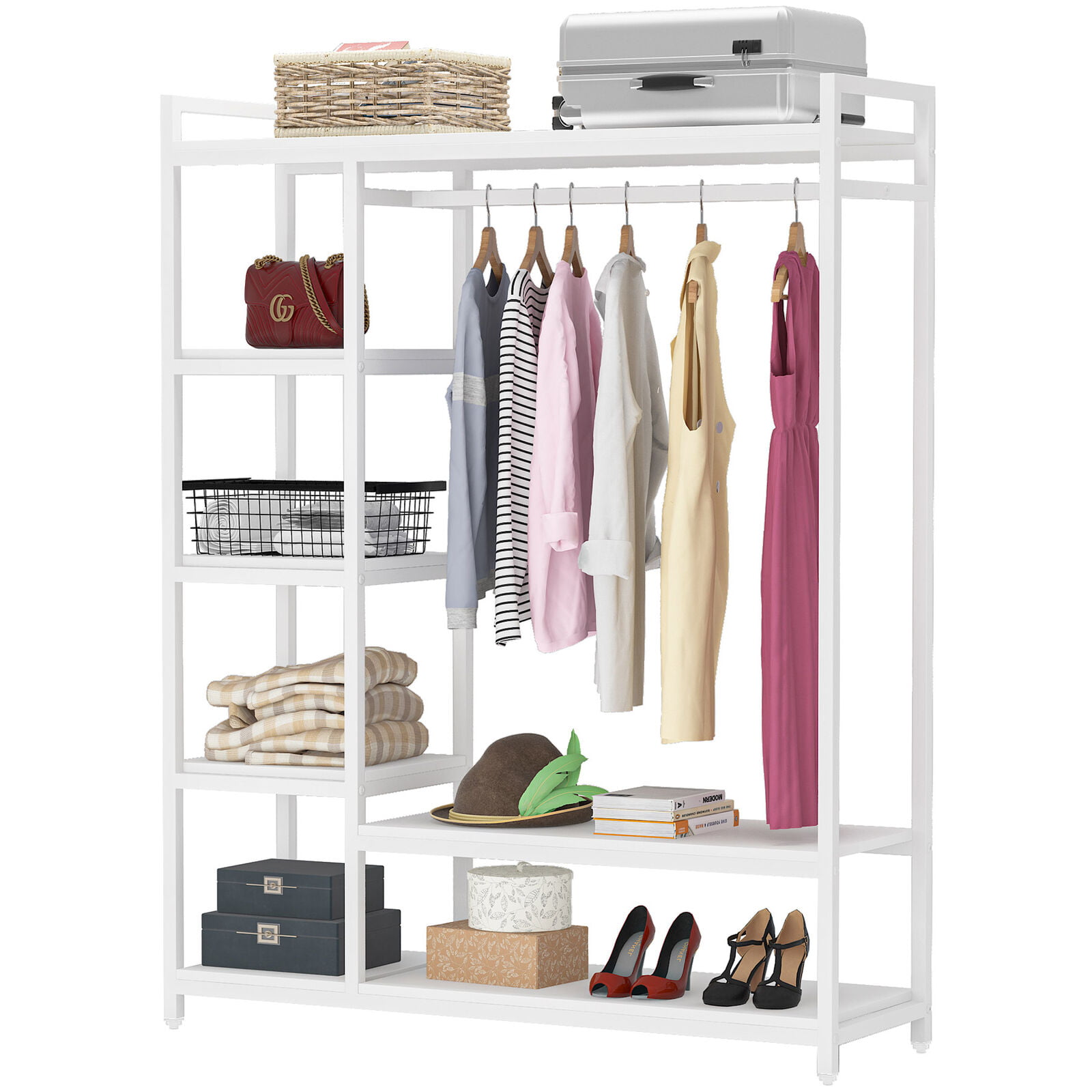 Free-standing Closet Organizer, Heavy Duty Clothes Closet, Portable Garment  Rack with 6-tier Shelves and Hanging rod, Black Metal Frame & White Board