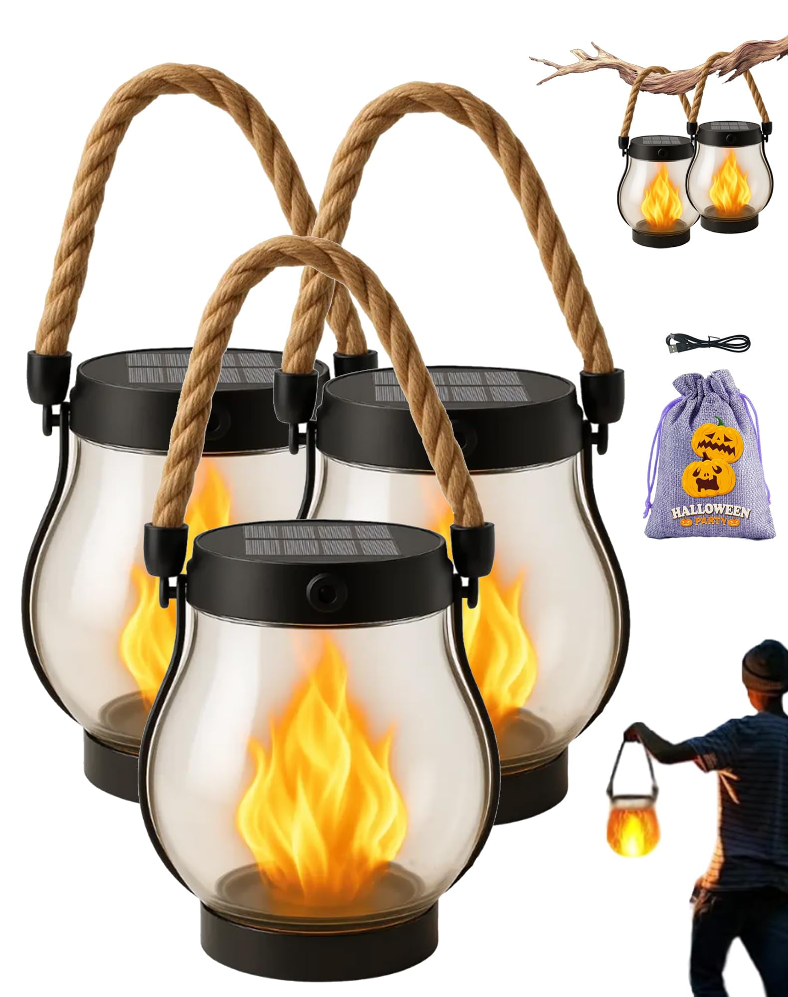 LITUSI Solar Lantern Outdoor Lights, Dancing Flame Solar Lantern Waterproof, Hemp Rope Flame Lamp, for Camping Pathway Yard Patio Porch Garden Decor (3Pcs)