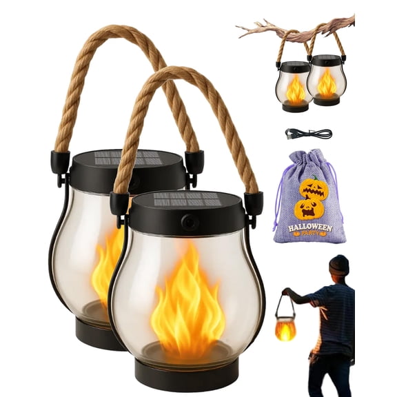 LITUSI Solar Lantern Outdoor Lights, Solar Powered Flame Lanterns with Hemp Rope, Waterproof Flickering LED Light for Outdoor Garden, Yard, and Patio Decoration (2-Pack)