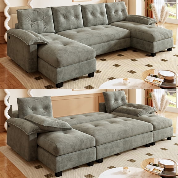 LITVZ 104.7" U-Shaped Sleeper Sofa with Pull Out Bed, 2 in 1 Convertible Couch Bed with Removable Armrests & USB Ports, Oversized Sectional Modular with Chaise Lounge for Living Room, Light Grey