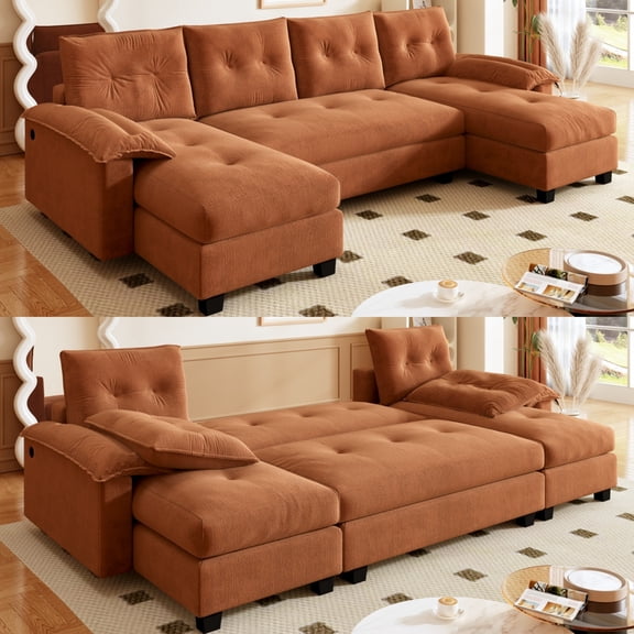 LITVZ 104.7" U-Shaped Sleeper Sofa with Pull Out Bed, 2 in 1 Convertible Couch Bed with Removable Armrests & USB Ports, Oversized Sectional Modular with Chaise Lounge for Living Room, Orange