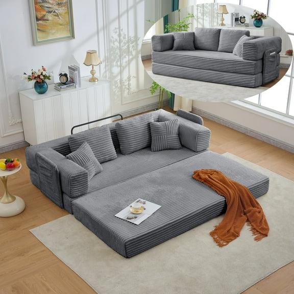 LITVZ 4-in-1 Floor Sofa King Size No Assembly, Upholstered Boneless Pull Out Couch Bed with 2 Pillows, Oversized Corduroy Foam Compressed Sofa Couch in A Box for Living Room Sleeper