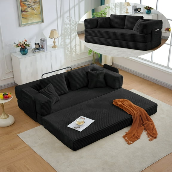 LITVZ 4-in-1 Floor Sofa King Size No Assembly, Upholstered Boneless Pull Out Couch Bed with 2 Pillows, Oversized Corduroy Foam Compressed Sofa Couch in A Box for Living Room Sleeper